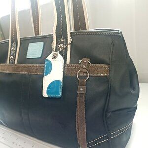 Coach Hampton Medium Black Blue Satchel Solid Nylon Leather Accents Tags